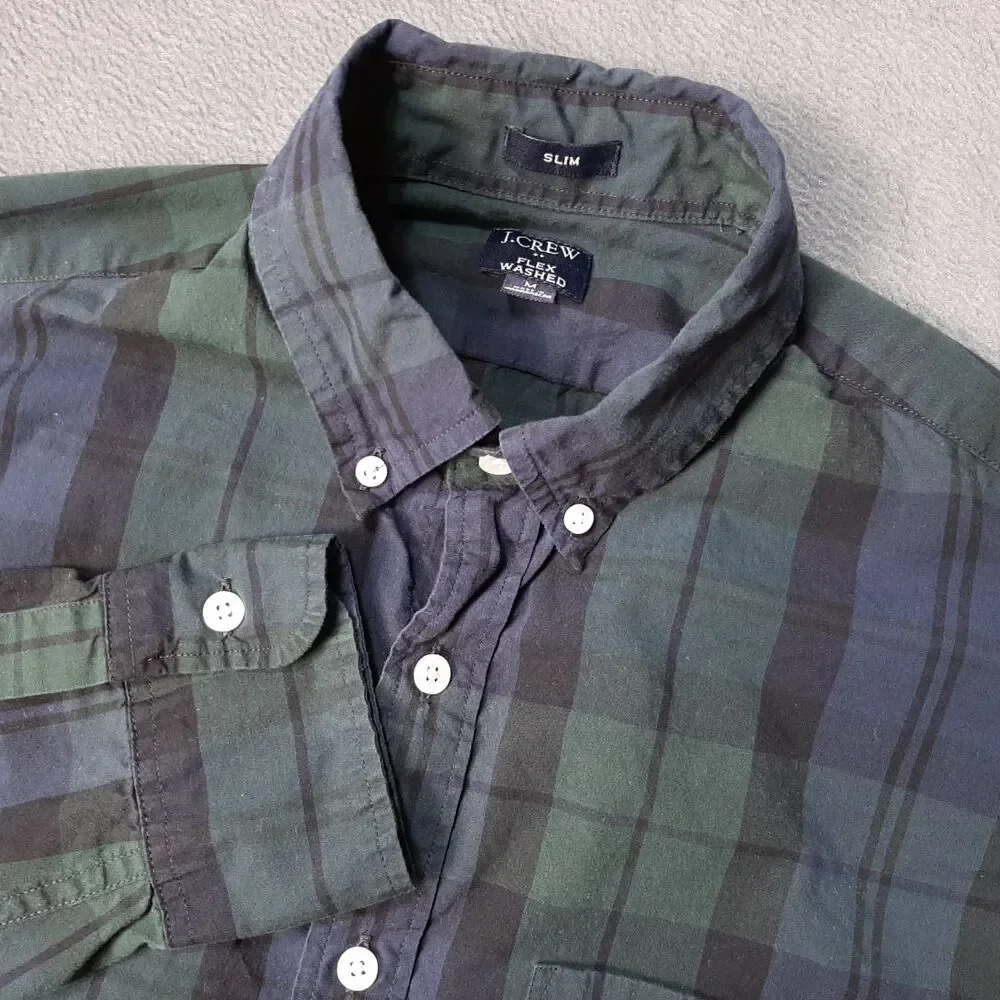 J Crew Shirt Mens Medium Black Green Blue Flex Washed Tartan Plaid Black Watch